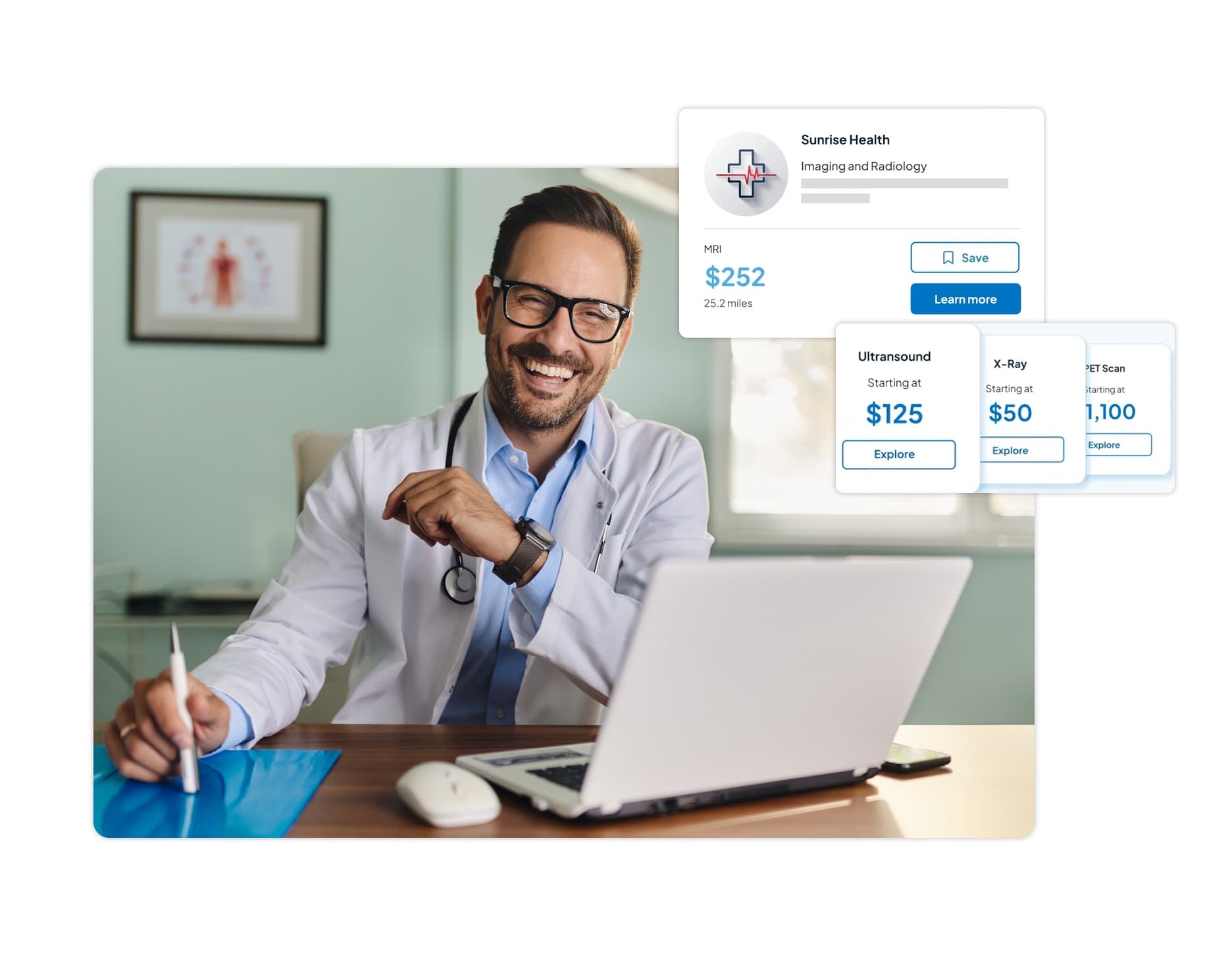 Smiling provider working on a laptop, with pricing cards for a nearby facility's MRI, ultrasound, X-ray, and PET scan services